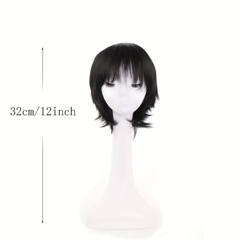 Short Straight Cosplay Wigs With Bangs 12inch Red Yellow Synthetic Wigs