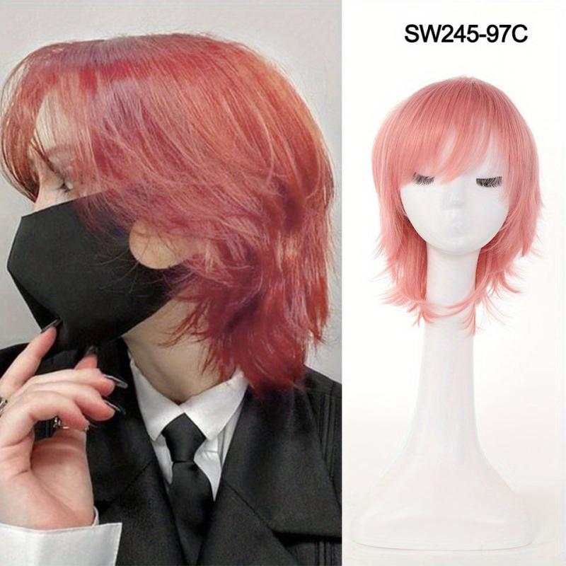 Short Straight Cosplay Wigs With Bangs 12inch Red Yellow Synthetic Wigs