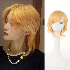 Short Straight Cosplay Wigs With Bangs 12inch Red Yellow Synthetic Wigs