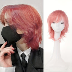 Short Straight Cosplay Wigs With Bangs 12inch Red Yellow Synthetic Wigs
