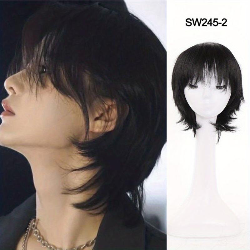 Short Straight Cosplay Wigs With Bangs 12inch Red Yellow Synthetic Wigs