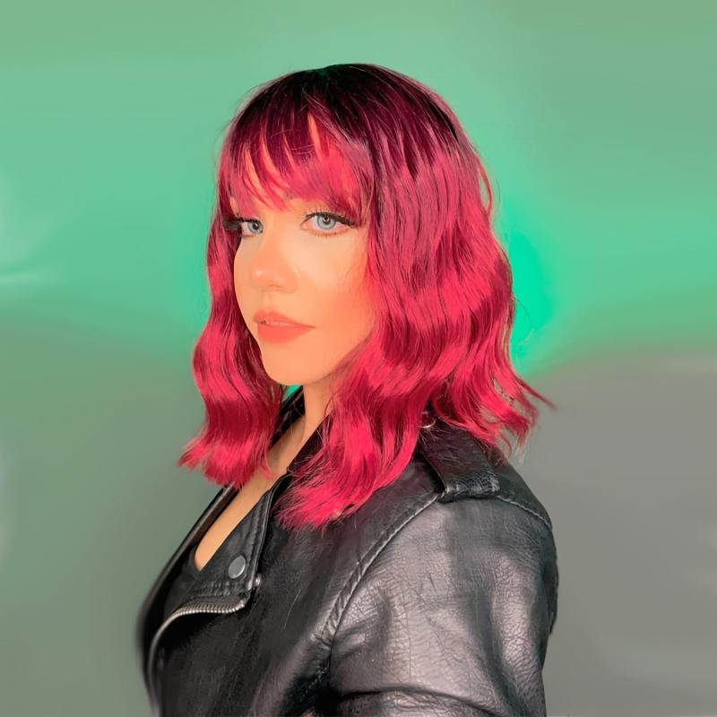 Short Wavy Pink Wig Curly Bob Synthetic Hair Wig with Bangs