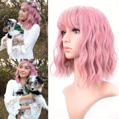 Short Wavy Pink Wig Curly Bob Synthetic Hair Wig with Bangs