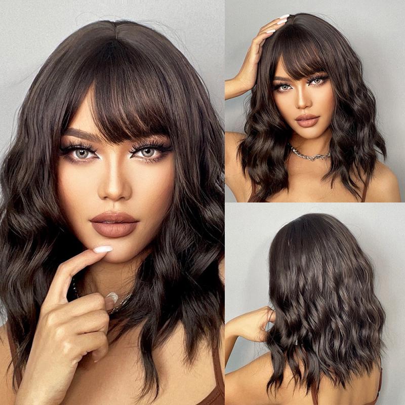 Curly Wavy Hair Wig Shoulder Length With Bangs Synthetic Fiber Natural Look