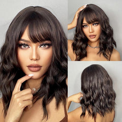 Curly Wavy Hair Wig Shoulder Length With Bangs Synthetic Fiber Natural Look
