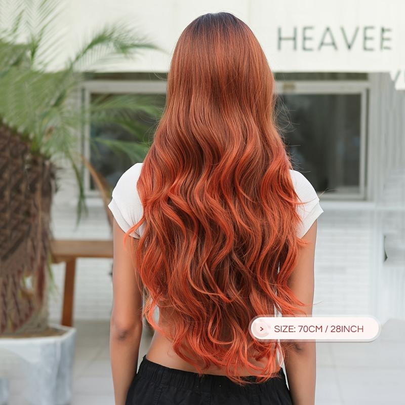 Long Red Mixed Brown Wavy Wig with Bangs