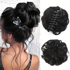 Curly Bun Claw Synthetic Hair Band Wrapped Around Messy Bun Ponytail