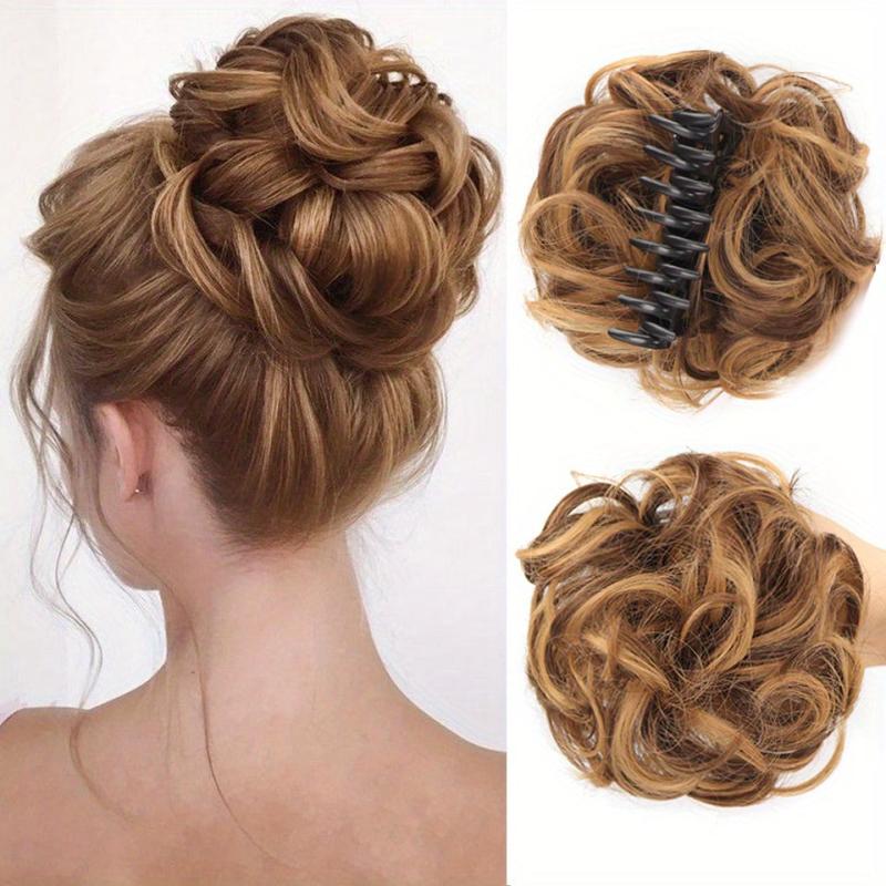 Curly Bun Claw Synthetic Hair Band Wrapped Around Messy Bun Ponytail