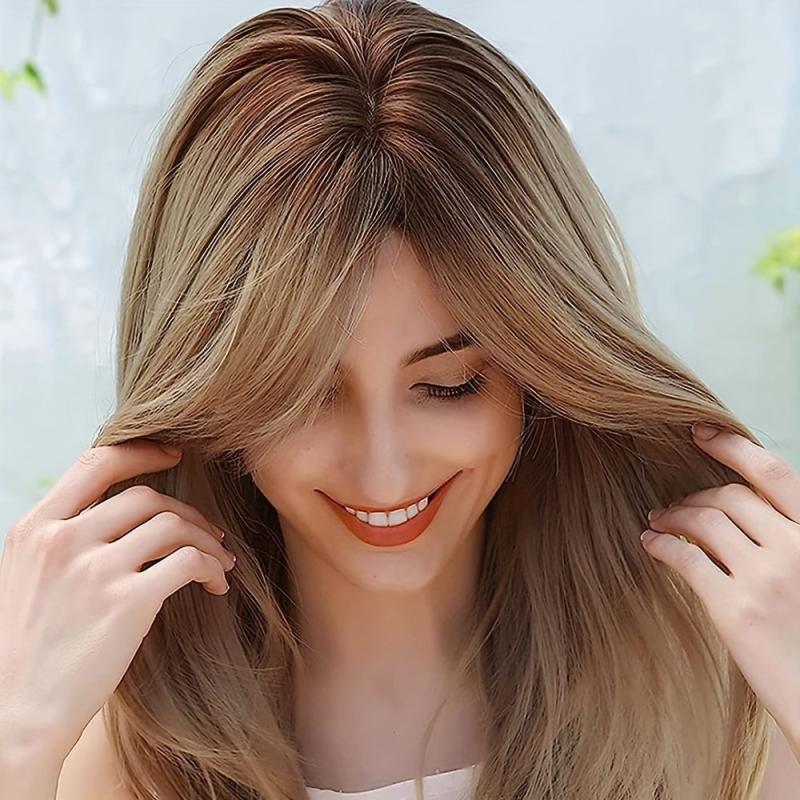 Long Wavy Layered Wigs With Bangs Shoulder Length Glueless Hair Wigs