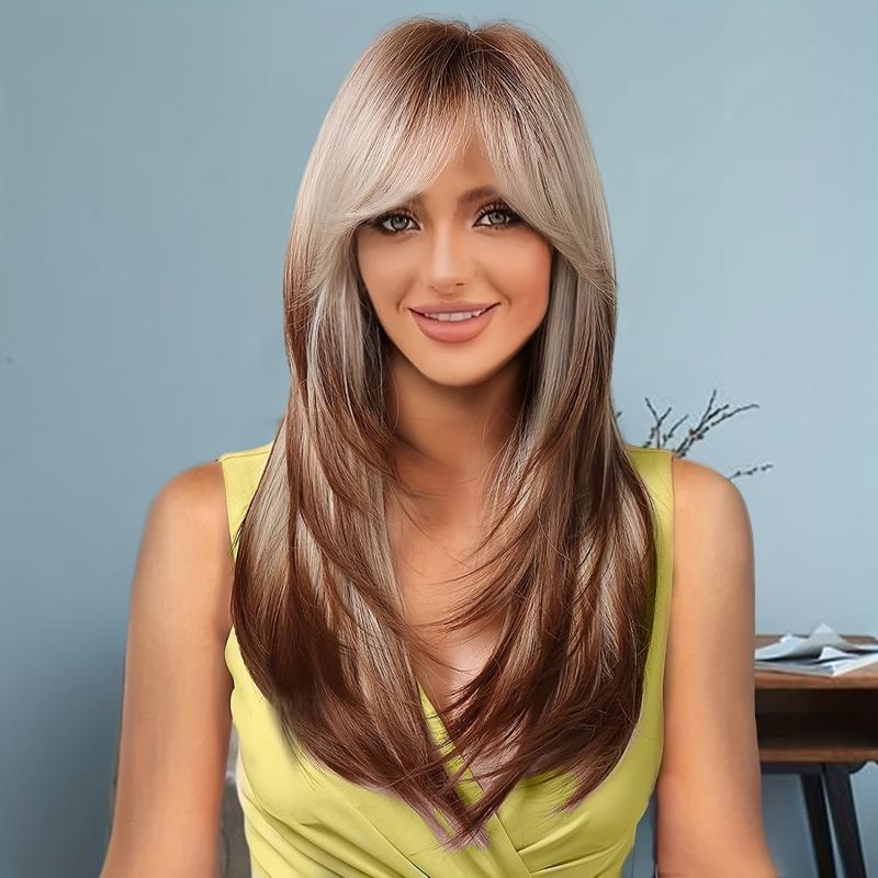 Long Wavy Layered Wigs With Bangs Shoulder Length Glueless Hair Wigs