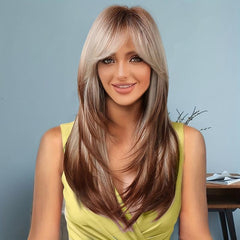Long Wavy Layered Wigs With Bangs Shoulder Length Glueless Hair Wigs