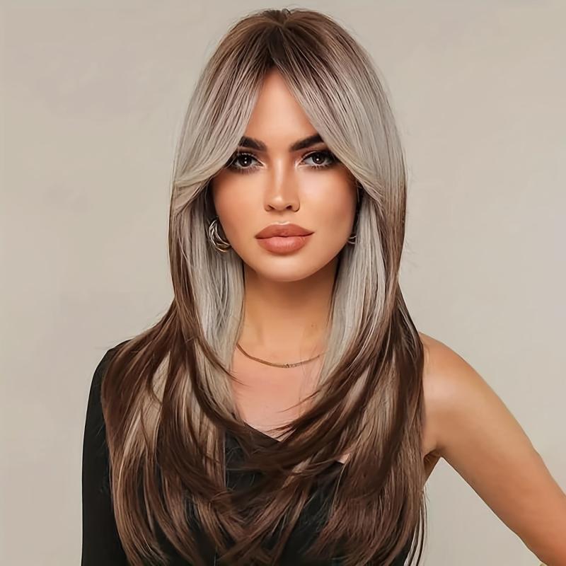 Long Wavy Layered Wigs With Bangs Shoulder Length Glueless Hair Wigs
