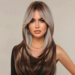 Long Wavy Layered Wigs With Bangs Shoulder Length Glueless Hair Wigs