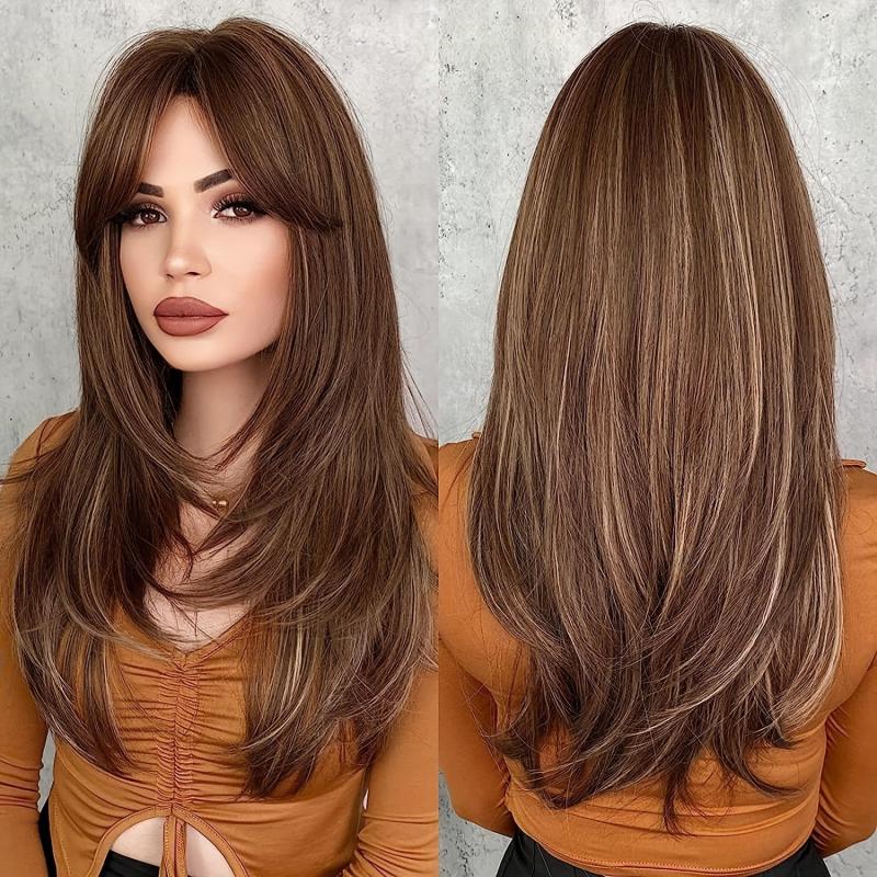 Long Wavy Layered Wigs With Bangs Shoulder Length Glueless Hair Wigs