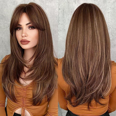 Long Wavy Layered Wigs With Bangs Shoulder Length Glueless Hair Wigs