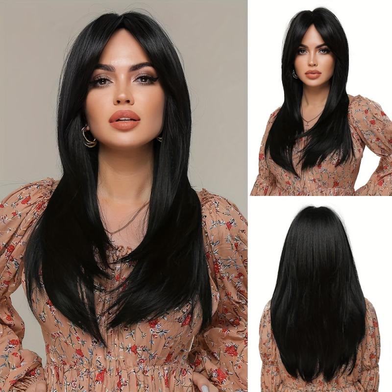 Long Wavy Layered Wigs With Bangs Shoulder Length Glueless Hair Wigs