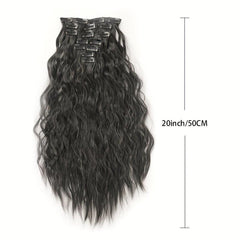7 Piece Clip On Hair Extension Synthetic Water Wave Long Wavy Hair Piece 1B