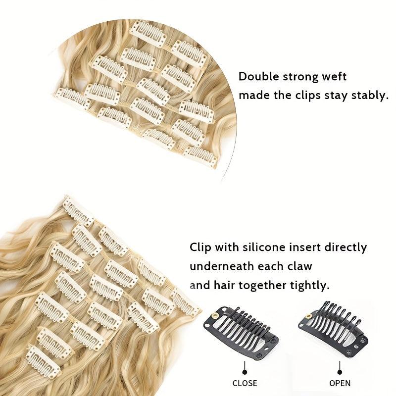 7 Piece Clip On Hair Extension Synthetic Water Wave Long Wavy Hair Piece 1B
