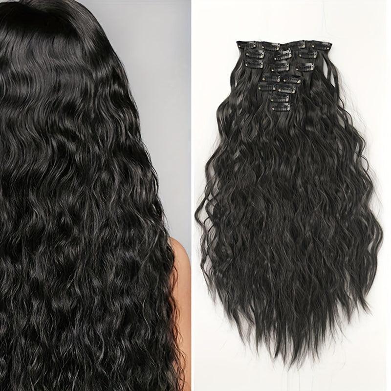 7 Piece Clip On Hair Extension Synthetic Water Wave Long Wavy Hair Piece 1B