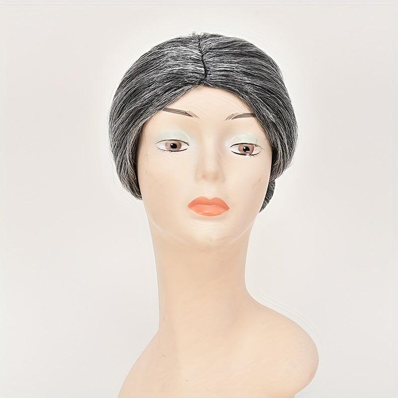 Grey Straight Wig With Hair Bun Synthetic Wig For Halloween
