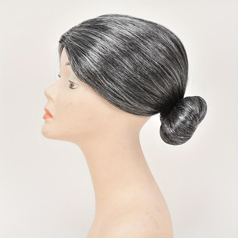 Grey Straight Wig With Hair Bun Synthetic Wig For Halloween