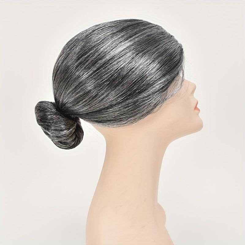 Grey Straight Wig With Hair Bun Synthetic Wig For Halloween