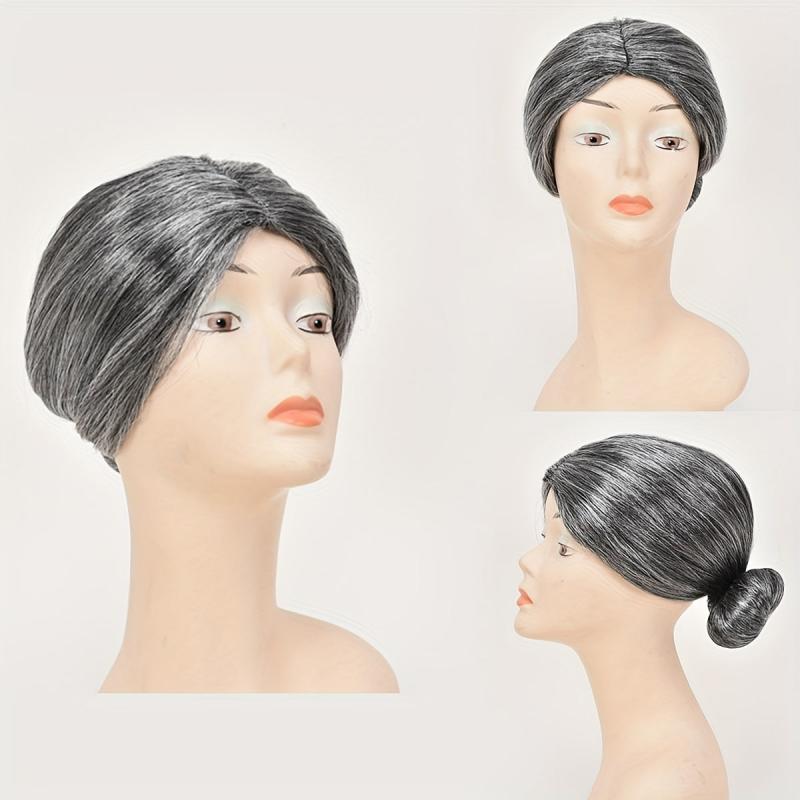 Grey Straight Wig With Hair Bun Synthetic Wig For Halloween