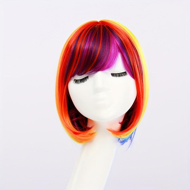 Rainbow Short Straight Wig Synthetic Wig With Bangs Heat Resistant