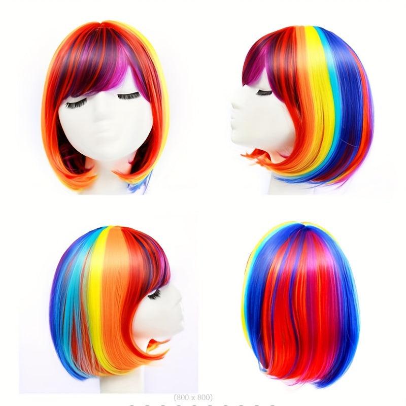 Rainbow Short Straight Wig Synthetic Wig With Bangs Heat Resistant