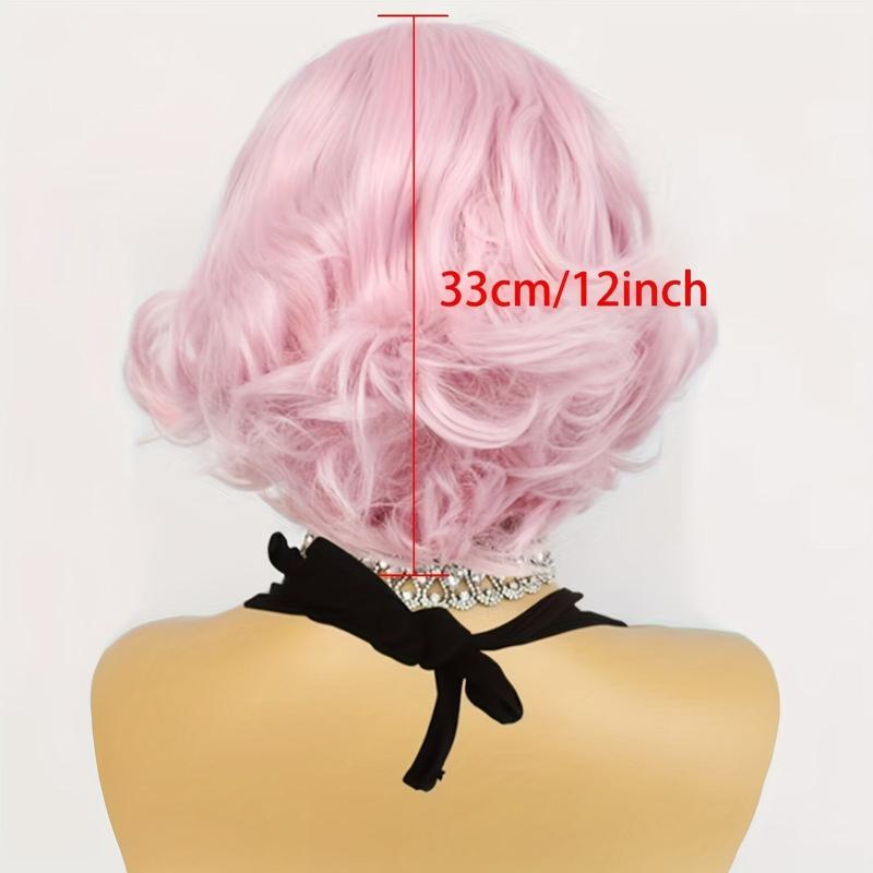 30 48 Cm Pink Short Bob Wavy Curly Hair Wig with Bangs Synthetic Fiber Hair Wig