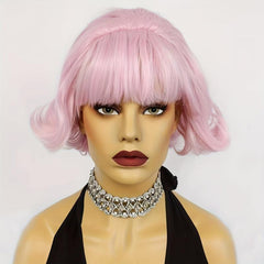 30 48 Cm Pink Short Bob Wavy Curly Hair Wig with Bangs Synthetic Fiber Hair Wig