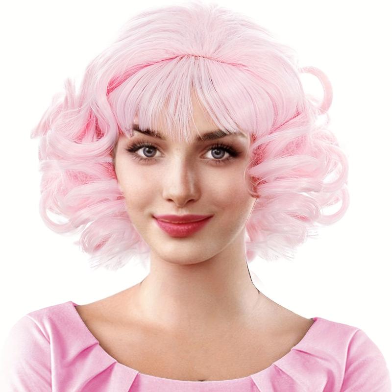 30 48 Cm Pink Short Bob Wavy Curly Hair Wig with Bangs Synthetic Fiber Hair Wig