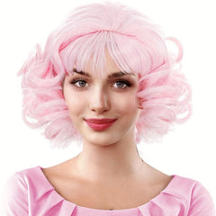 30 48 Cm Pink Short Bob Wavy Curly Hair Wig with Bangs Synthetic Fiber Hair Wig