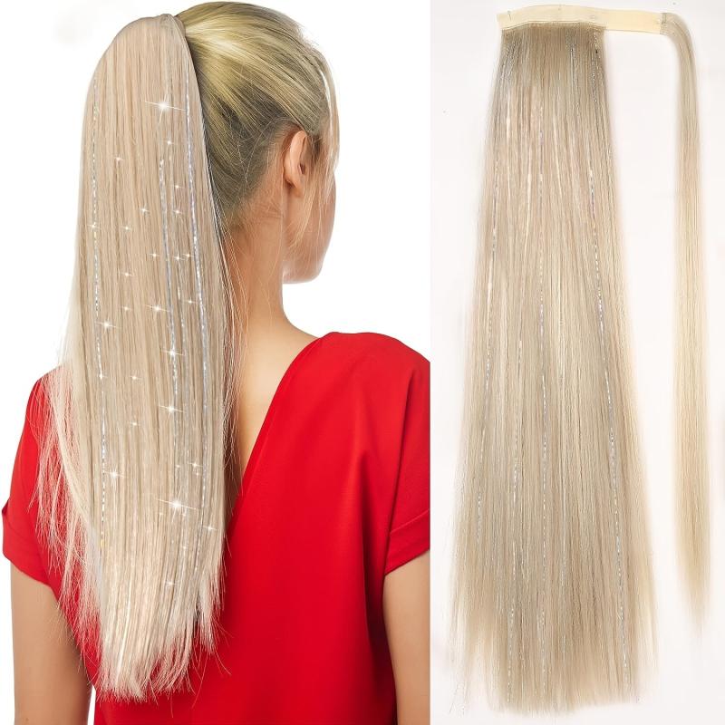 Blonde Ponytail Extension With Hair Tinsel Long Wrap Around Heat Resistant