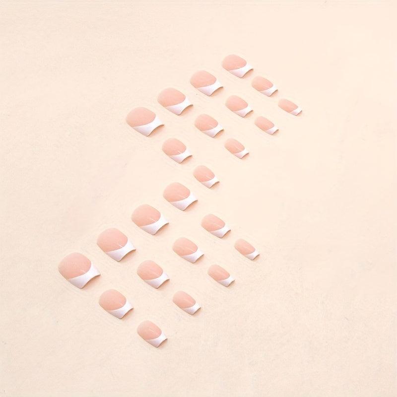 24pcs Glossy French Tip Press On Nails Full Coverage Short Square False Nails
