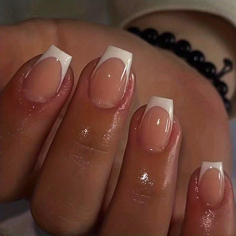 24pcs Glossy French Tip Press On Nails Full Coverage Short Square False Nails