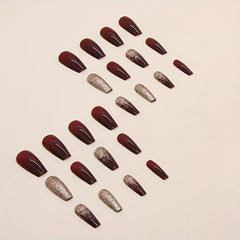 24pcs Wine Red French Tip Press On Nails Medium Square False Nails