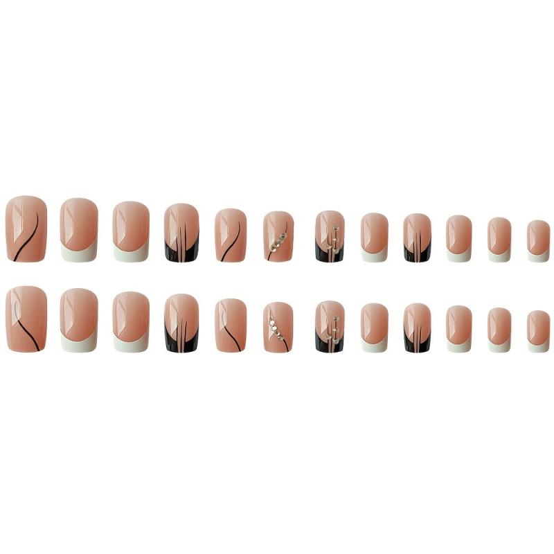 24 pcs Glossy Square Press On Nails Long Lasting False Nails with Line