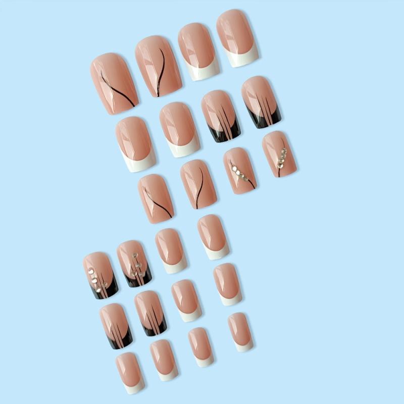 24 pcs Glossy Square Press On Nails Long Lasting False Nails with Line