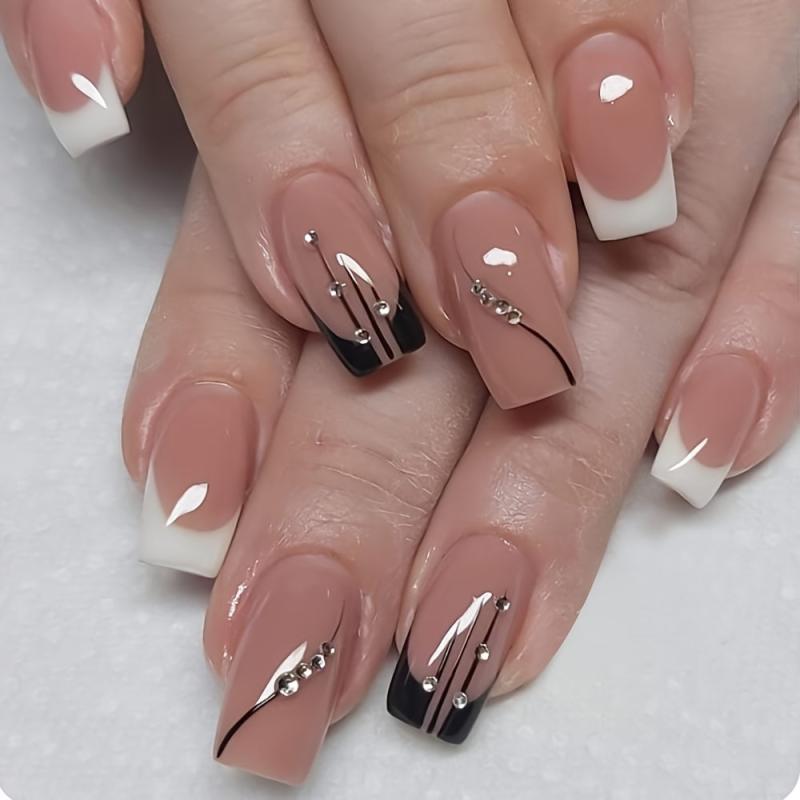 24 pcs Glossy Square Press On Nails Long Lasting False Nails with Line
