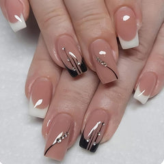 24 pcs Glossy Square Press On Nails Long Lasting False Nails with Line