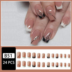 24 pcs Glossy Square Press On Nails Long Lasting False Nails with Line