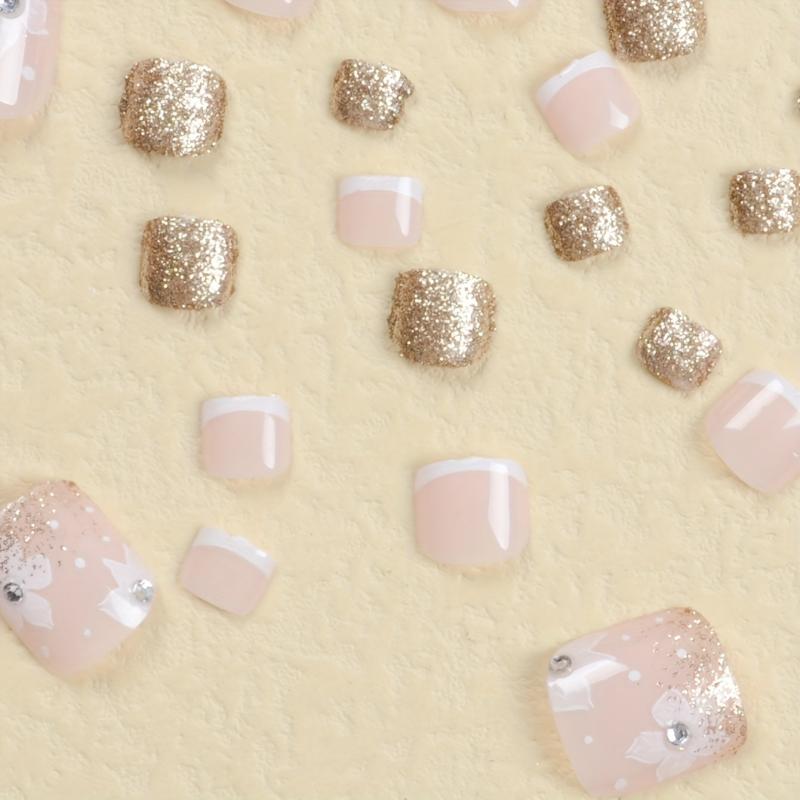 Glitter Flower Toenails w/ Rhinestones - Short Square