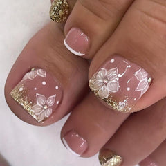 Glitter Flower Toenails w/ Rhinestones - Short Square