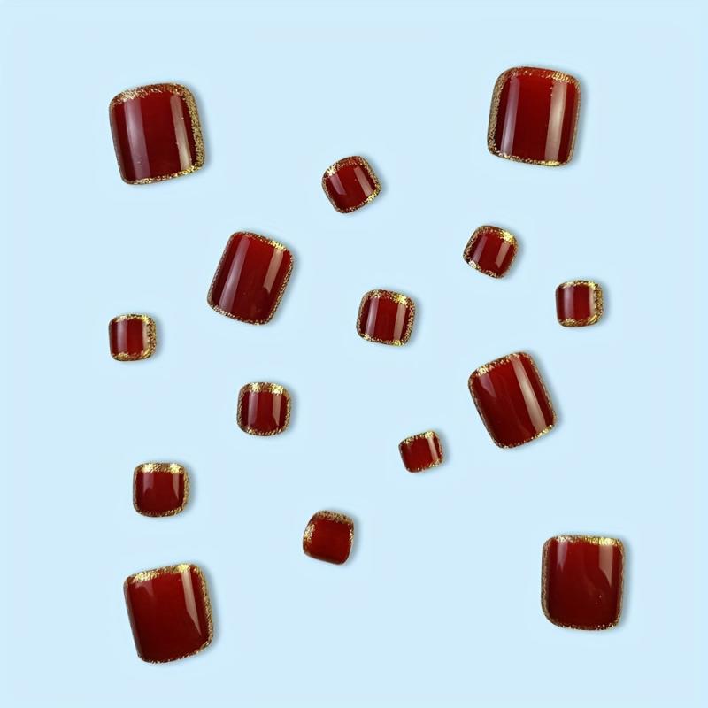 24pcs Glossy Wine Red Press On Toe Nails with Golden Powder Edge