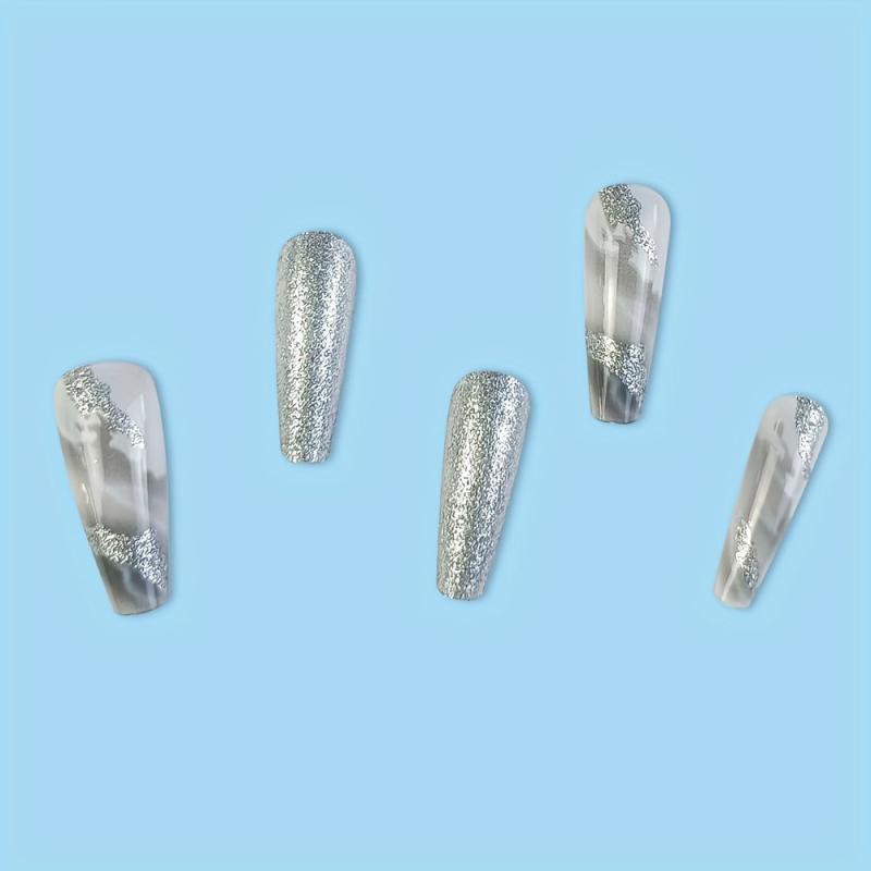 24 Pcs Long Ballerina Marble Gray Press On Nails Reusable False Nails