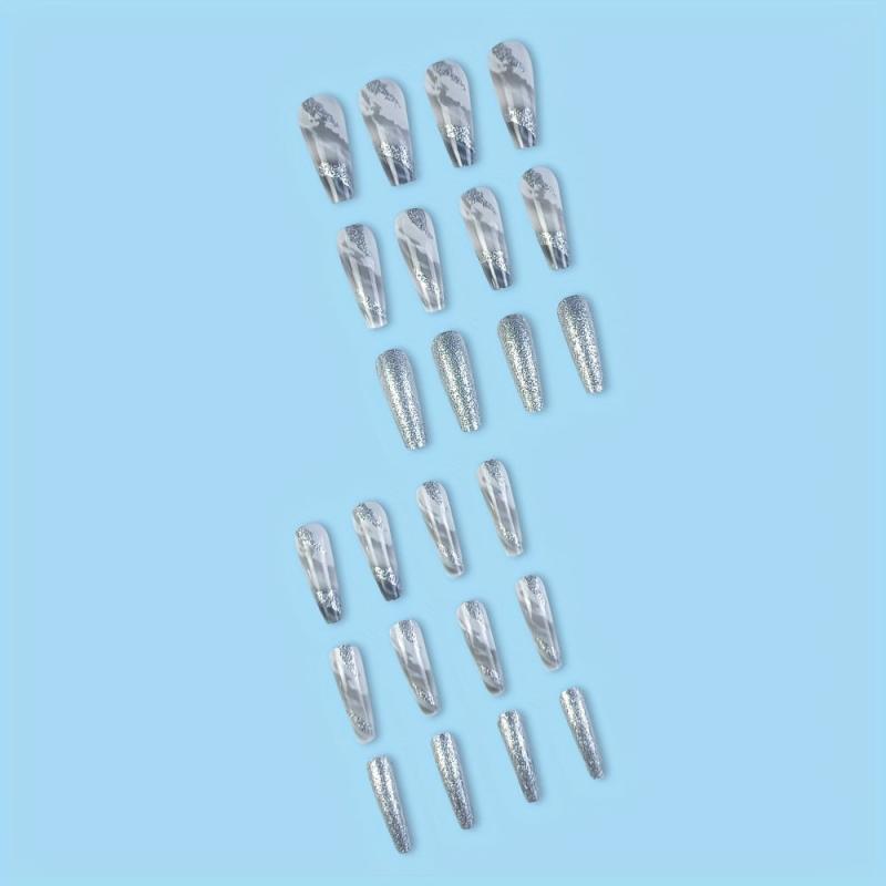 24 Pcs Long Ballerina Marble Gray Press On Nails Reusable False Nails