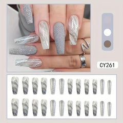 24 Pcs Long Ballerina Marble Gray Press On Nails Reusable False Nails