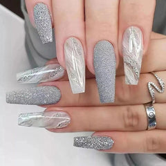 24 Pcs Long Ballerina Marble Gray Press On Nails Reusable False Nails