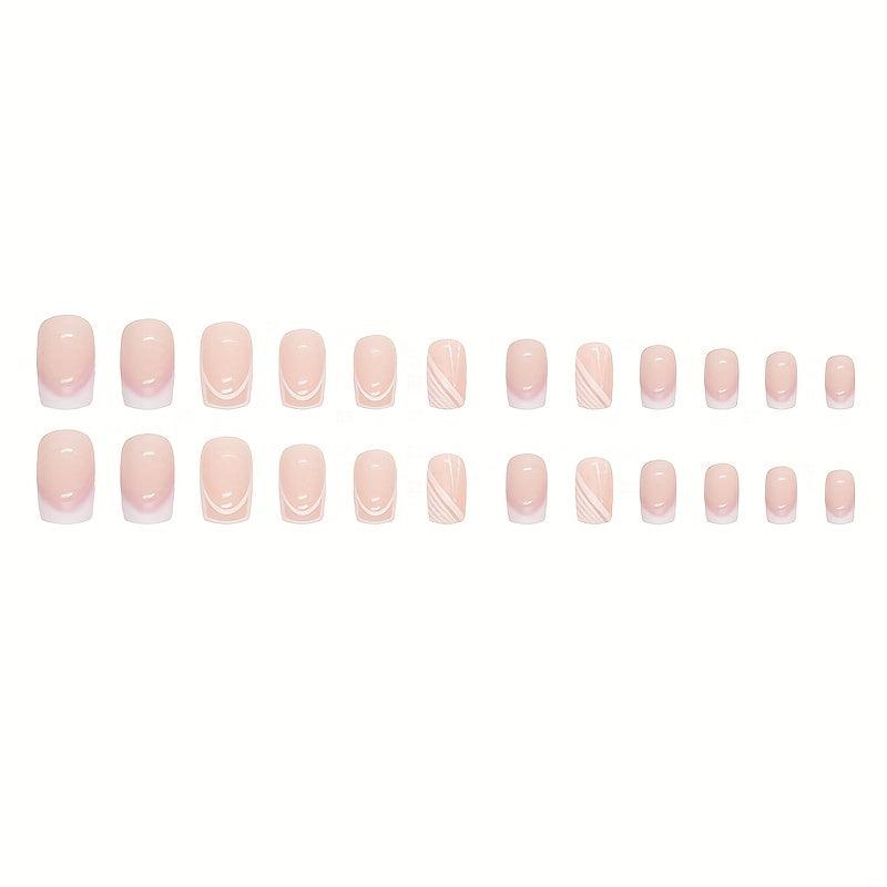 24 pcs Nude Pink French Tip Square Stick On Nails Easy to Apply Acrylic